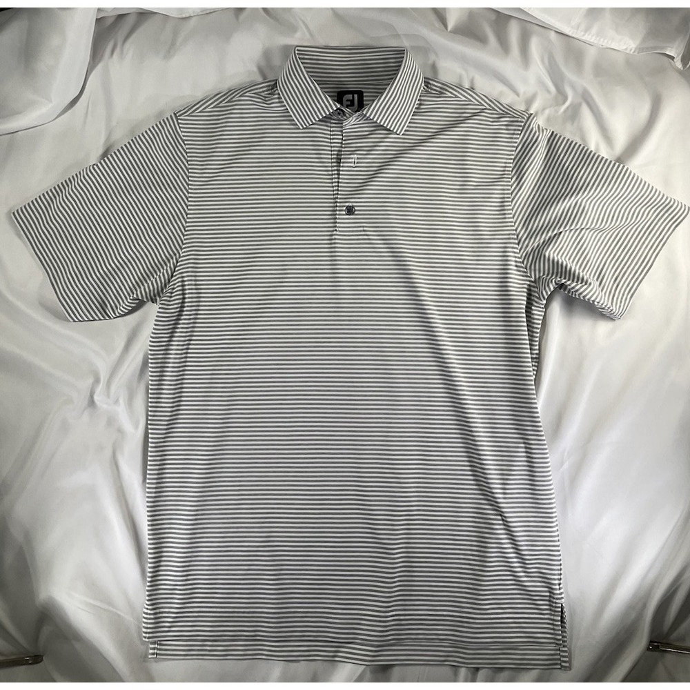 FootJoy Size M Gray And White Striped Short Sleeve Golf Polo Shirt Men's